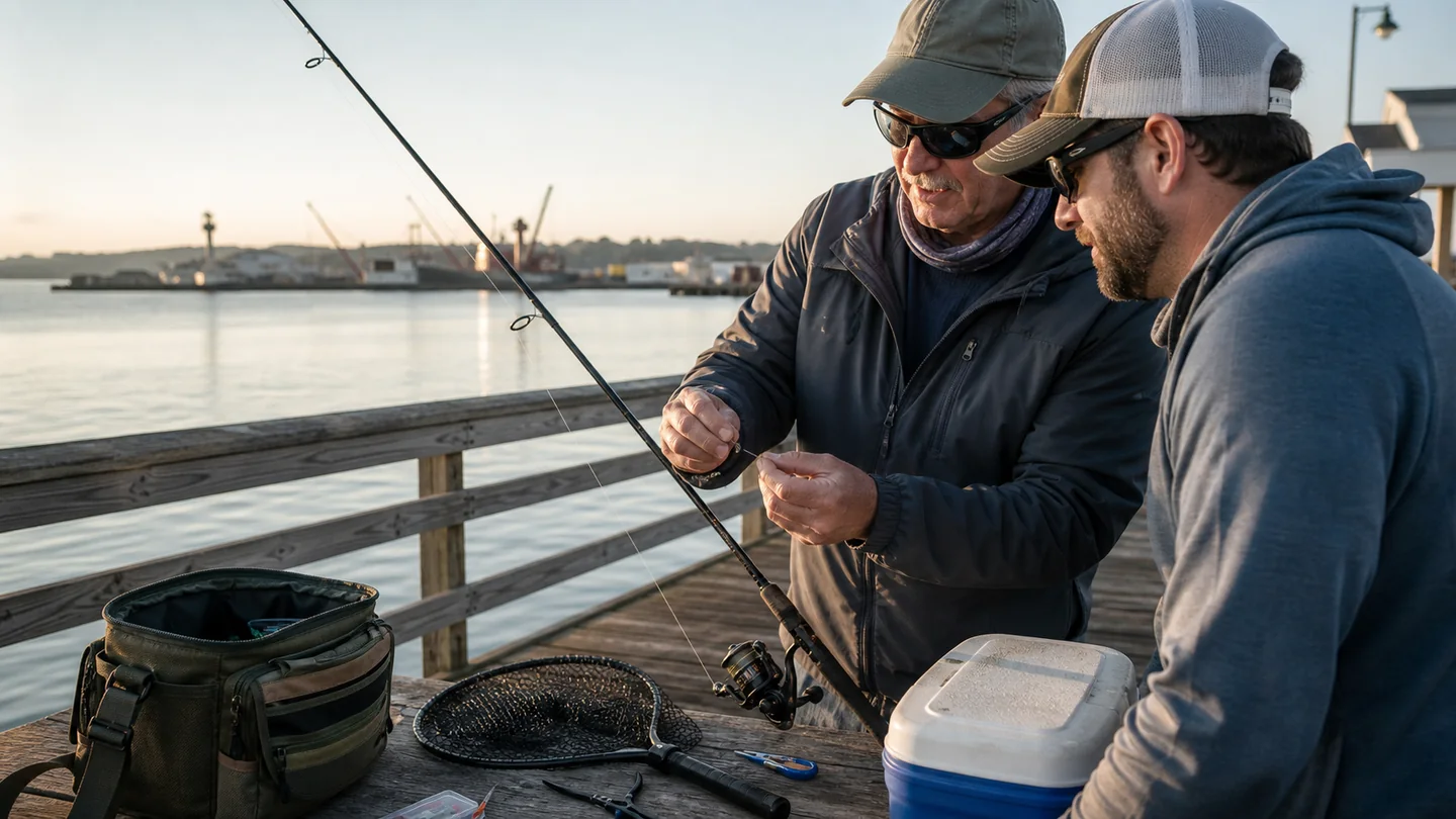 Two anglers preparing tackle together on a public saltwater pier