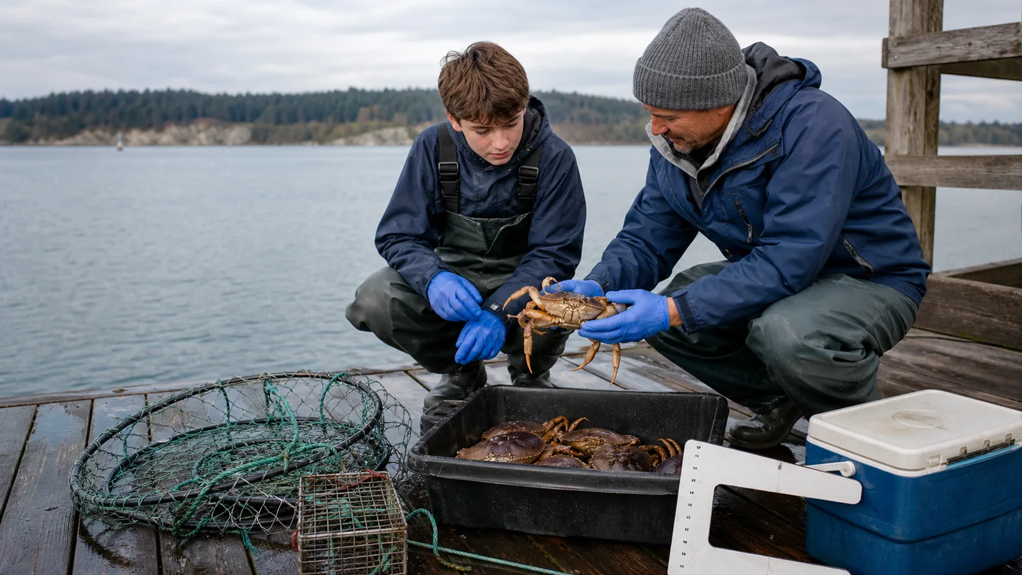 An adult showing a young crabber how to prepare gear on a public dock