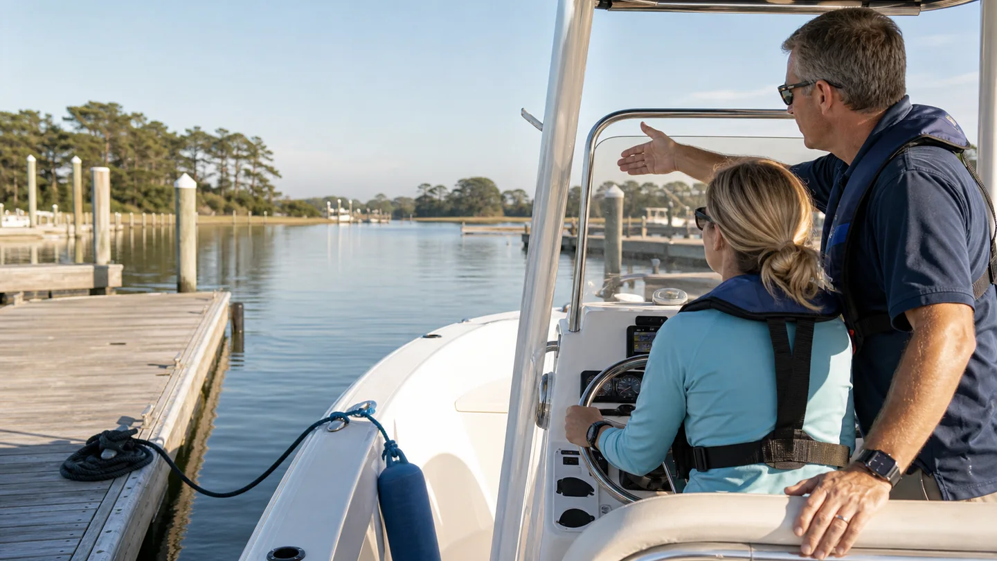 A new boat operator practicing at the helm with an experienced instructor