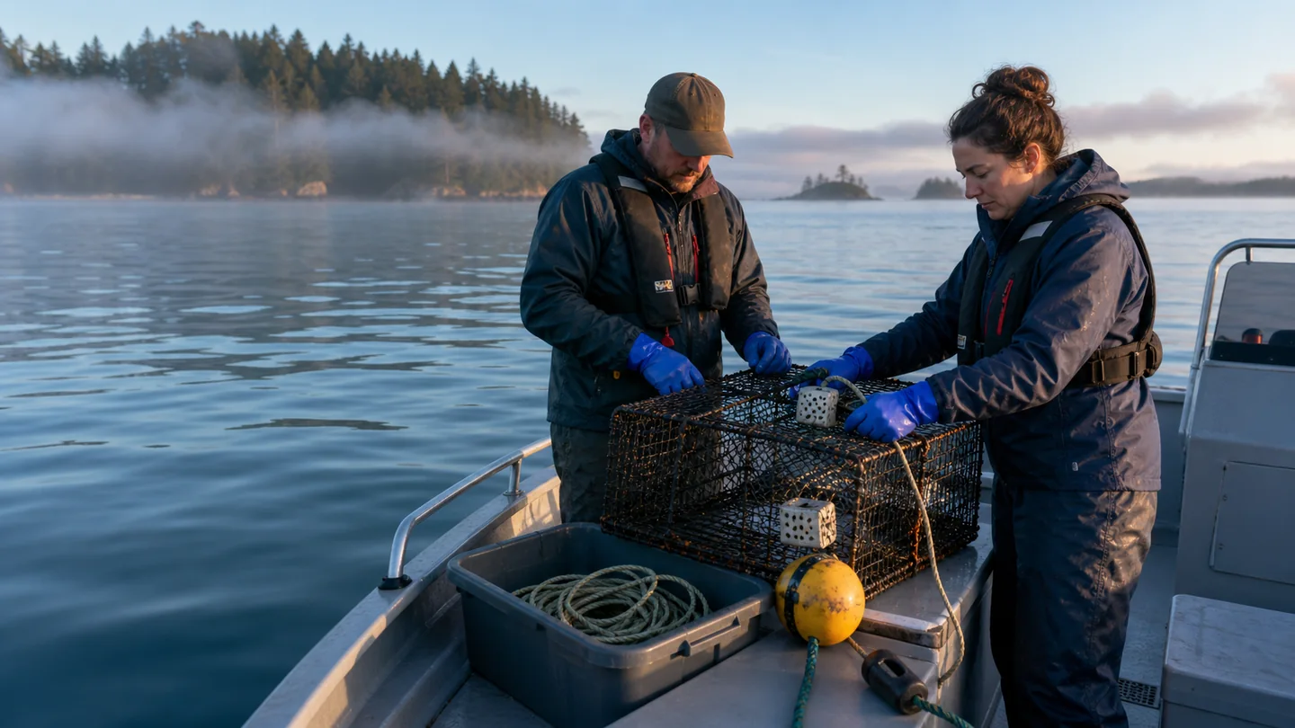 Two recreational shrimpers preparing a pot, line, and buoy aboard a small boat
