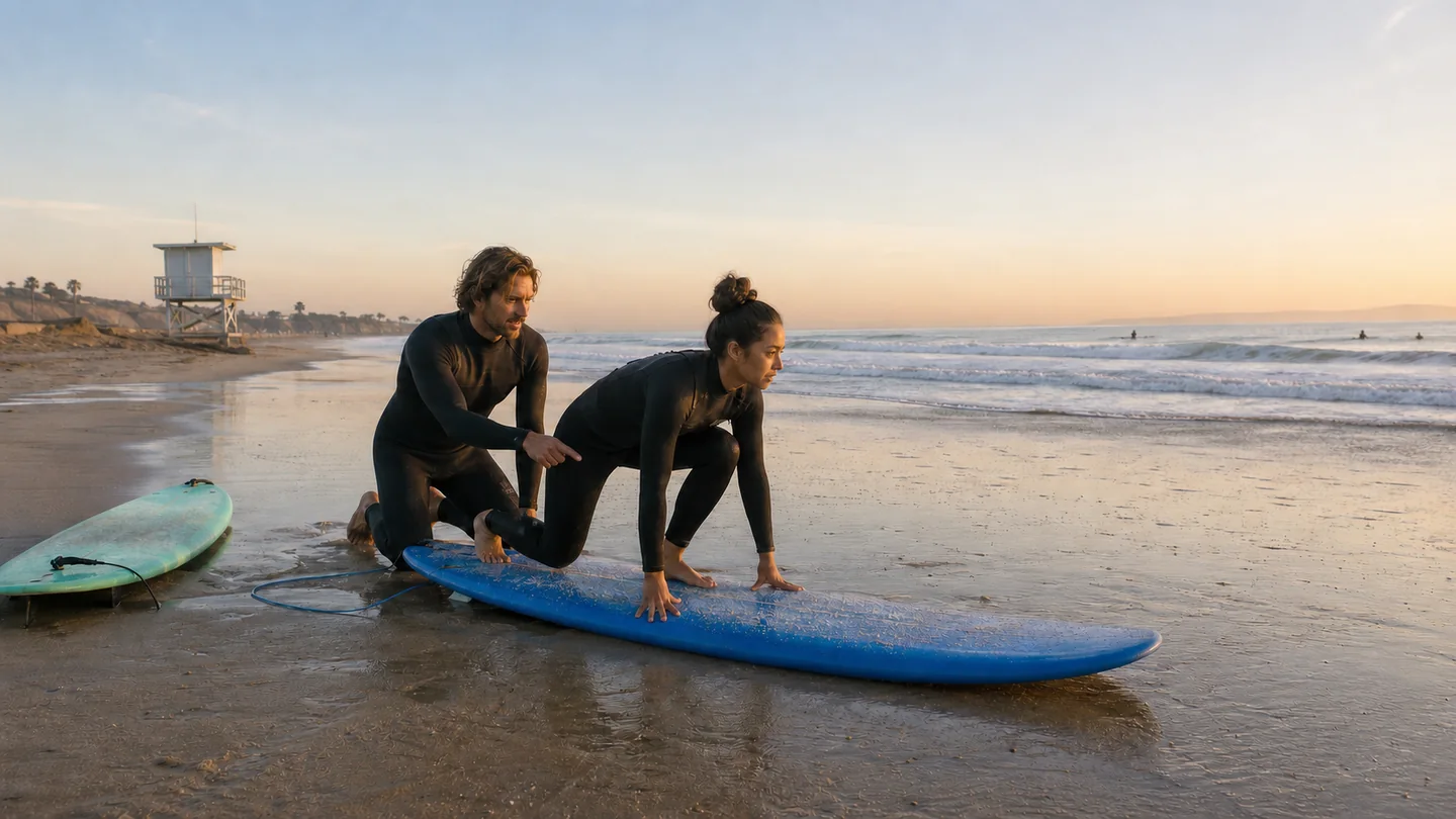 A beginner practicing a surfboard pop-up with an instructor on the beach
